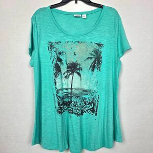 Cato Aqua Palm Tree Graphic Top Women’s XL